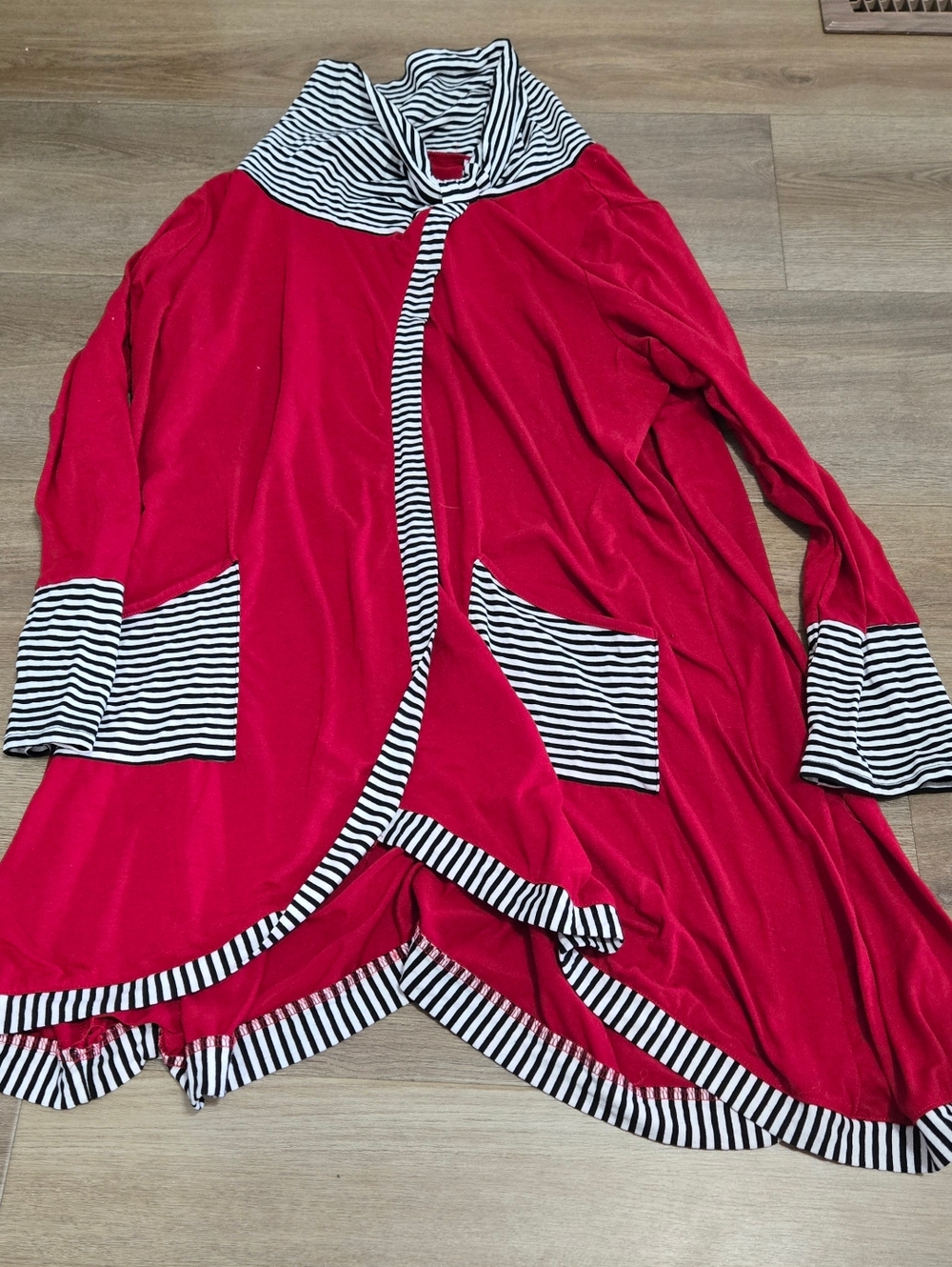 Hua Lan Womens Red With Black White Striped Trim Open Front Cardigan Size 5XL